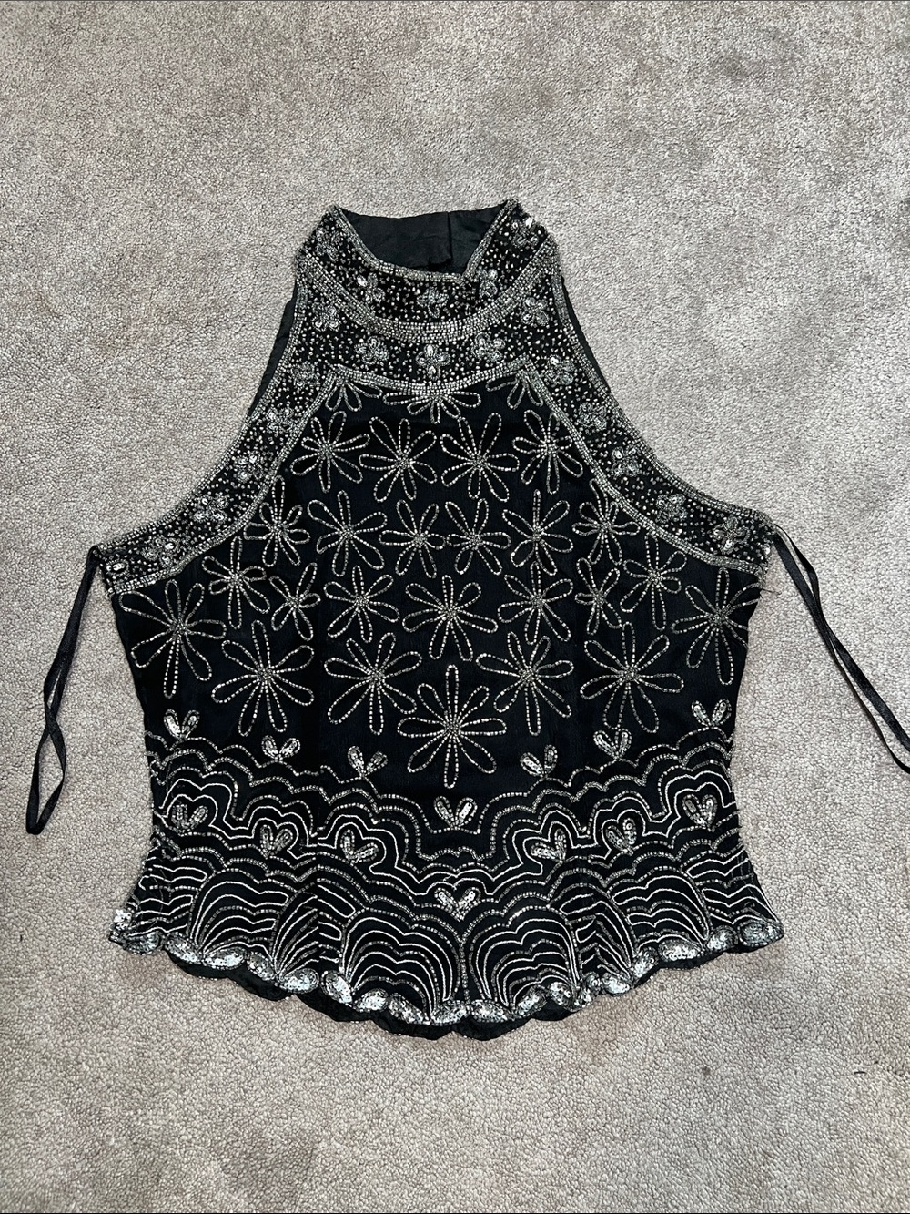 Papell Boutique Evening High Neck Floral Beaded Silk Sequin Formal Tank Top M